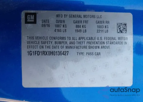 2017 Chevrolet Camaro 2Lt from USA, damaged, VIN 1G1FD1RX0H0136427